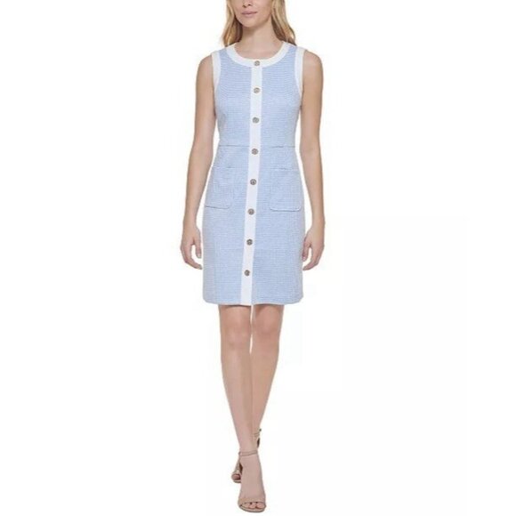 Tommy Hilfiger Womens Size 10 BlueSleeveless Mini Houndstooth Knit Sheath Dress - Picture 1 of 2